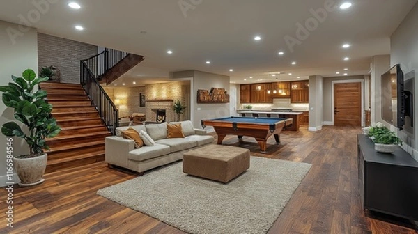 Obraz Transforming a bright basement into a spacious game room with modern design cozy atmosphere and functional layout