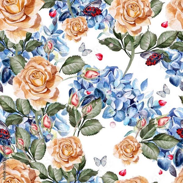 Fototapeta Watercolor pattern with rose and hydrangea.