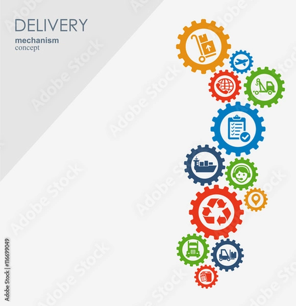 Fototapeta Delivery mechanism concept. Abstract background with connected gears and icons for logistic, service, strategy, shipping, distribution, transport, market, communicate concepts. Vector interactive.