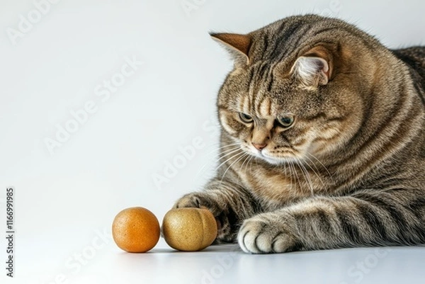 Obraz Tabby cat playing with two round objects.