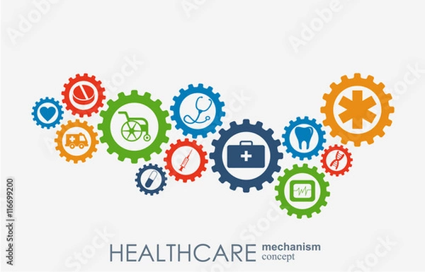 Fototapeta Healthcare mechanism concept. Abstract background with connected gears and icons for medical, health, strategy, care, medicine, network, social media and global concepts. Vector infographic.
