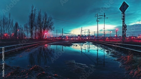 Fototapeta Railway Track Panorama at Twilight: High-Contrast Reflections and Infrastructure in Hagen, Germany
