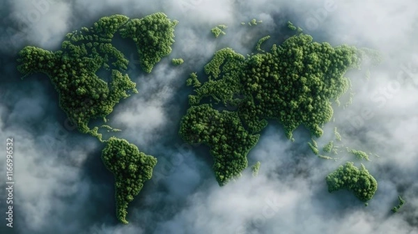 Fototapeta World map made of lush green forest, aerial view with misty clouds above, top-down perspective