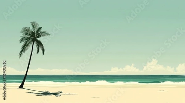 Fototapeta Single palm tree on a tranquil beach under a serene sky.