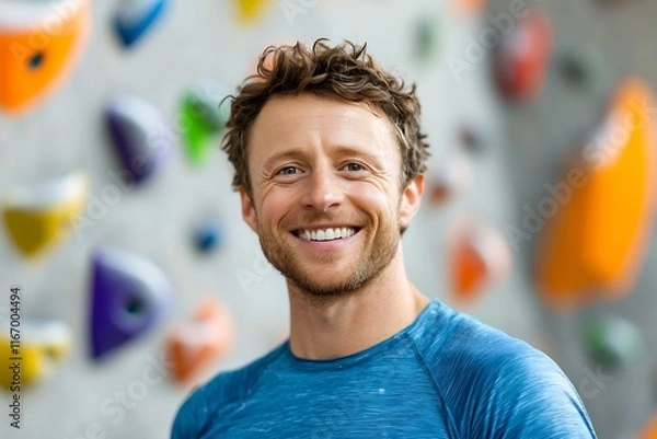 Fototapeta Confident Rock Climber Smiling at in Workspace Environment