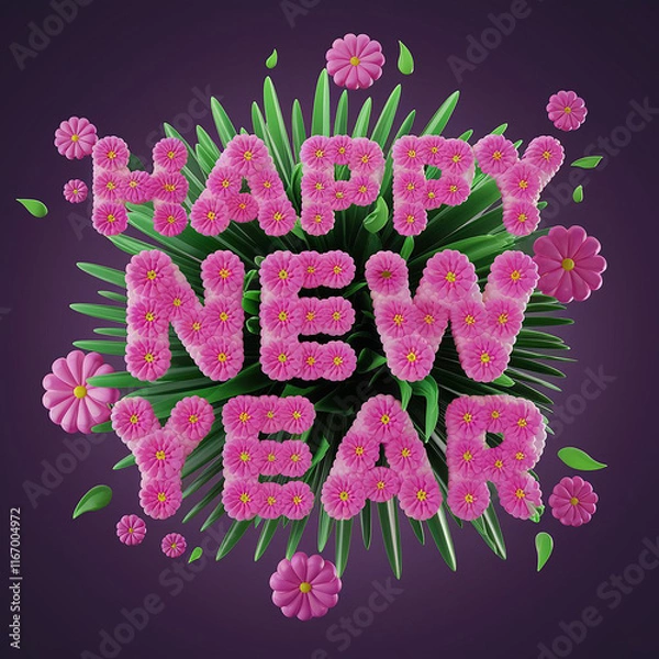 Obraz A 3D render of a Happy New Year typography with a colorful flower bouquet