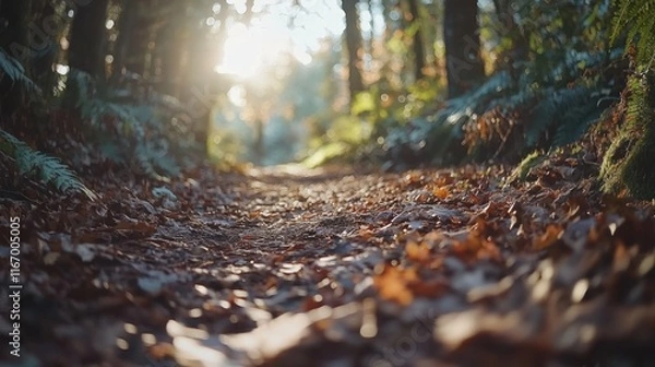Fototapeta Sunlit autumn forest path covered in fallen leaves.