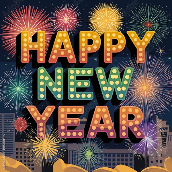 Obraz An illustration of a Happy New Year text effect with colorful fireworks