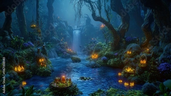 Fototapeta Enchanting waterfall in a mystical forest at night, illuminated by glowing lanterns and candles.