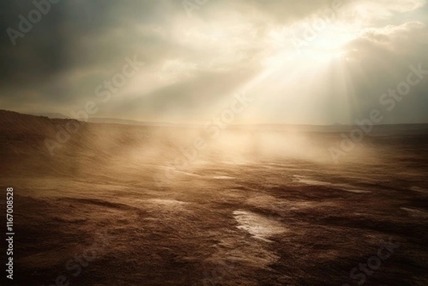 Fototapeta A photo of a red rock landscape at sunset in the White Canyon, Utah, with sun rays shining through the clouds above. High resolution, high detail, with soft natural lighting