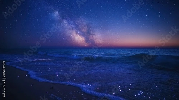 Fototapeta Milky Way galaxy over tranquil ocean waves at night.