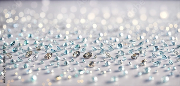 Fototapeta A dazzling array of gemstones and crystals lies on a smooth surface, reflecting light beautifully. The scene captures various shapes and colors, creating an enchanting display