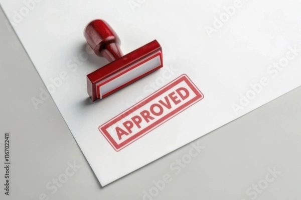 Fototapeta A red "APPROVED" stamp rests on a white sheet of paper, symbolizing validation or endorsement.