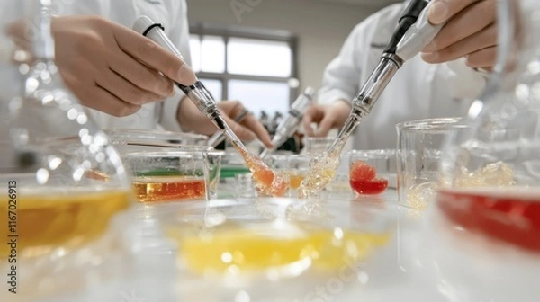 Fototapeta Scientists in lab coats conduct experiments using pipettes meticulously testing various colorful