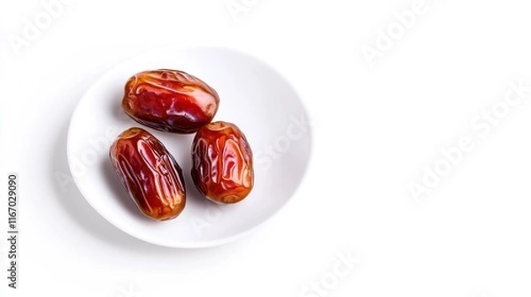 Fototapeta Three dates on a white plate, showcasing a healthy snack option.