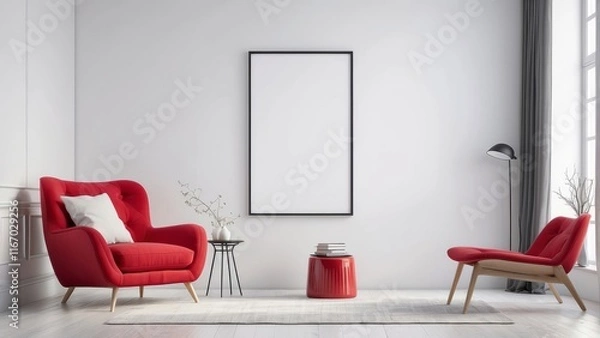 Fototapeta Modern interior of living room with red chair and blank big poster frame on white color wall