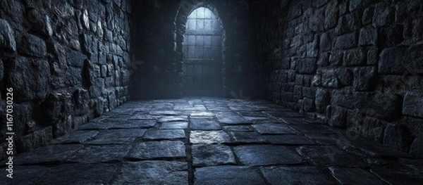 Fototapeta Dark and moody interior of a medieval castle dungeon with an arched stone passage leading into a shadowy atmospheric hallway  The scene evokes a sense of mystery history and a foreboding ambiance