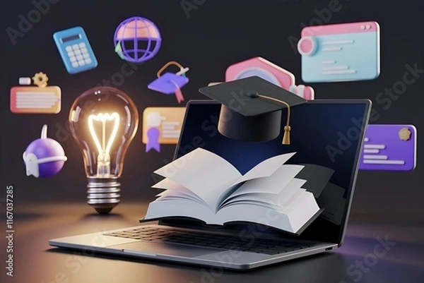Fototapeta creative illustration featuring a graduation cap, stack of books, and glowing light bulb, symbolizing education, learning, innovation, and academic achievements in a modern and inspiring design