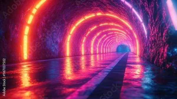 Fototapeta Futuristic Neon Light Technology Landscape with Geometric Shapes Abstract Background Virtual Reality Cyberpunk Scene