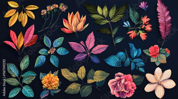 Fototapeta multiple flower and leaves assets illustration for design on blank black background easy to edit