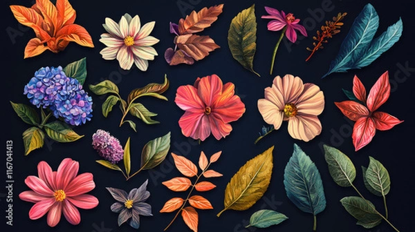 Fototapeta multiple flower and leaves assets for illustration on blank black background easy to edit