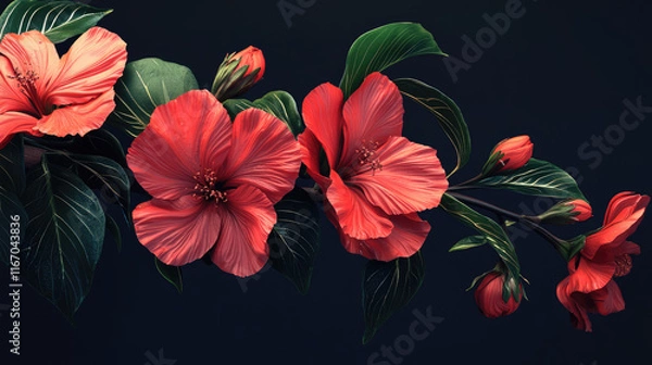 Fototapeta vibrant red hibiscus flower in bloom. with dark background, studio lighting, perfect for creating designs for products like greeting cards, social media posts, and websites.