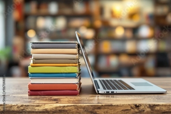 Fototapeta Colorful books stacked next to an open laptop on a wooden desk, blurred library background, warm lighting, concept of learning and technology. Ai generative