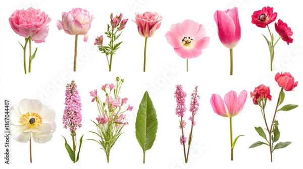 Fototapeta illustration of multiple flowers, with different type, pink and white on white background