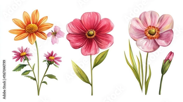 Fototapeta painting  of multiple flowers, with different type and colour on white background easy to edit