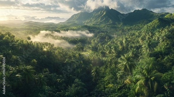 Fototapeta Aerial view of a dense tropical rainforest in the morning with fog and clouds on the mountain top, on a sunny day. Aerial photograph from a drone. High-resolution photography.