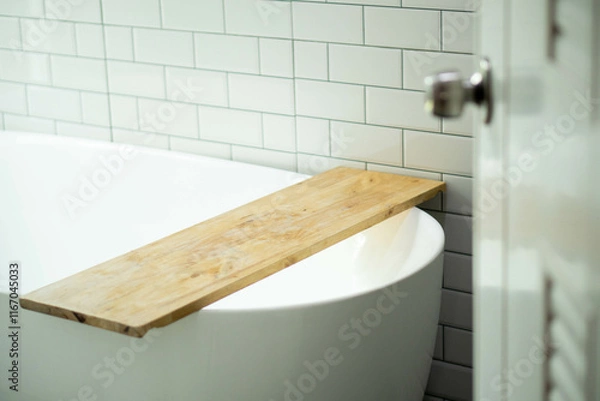 Fototapeta blur door handles of Modern bath room with wooden shelf on bath empty and white interior design
