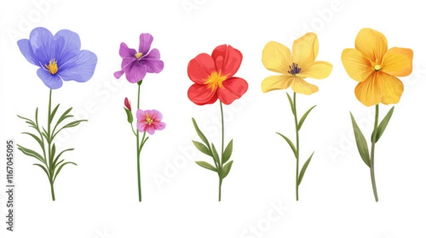 Fototapeta illustration of multiple flowers, with different type and colour on white background easy to edit