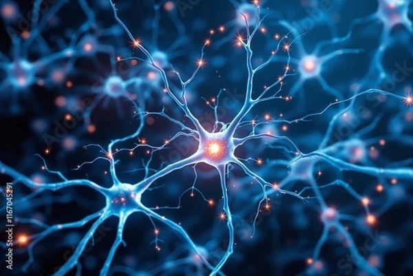 Fototapeta The image depicts glowing blue neural network connections with orange sparks on a dark background, symbolizing brain activity and communication. Ai generative