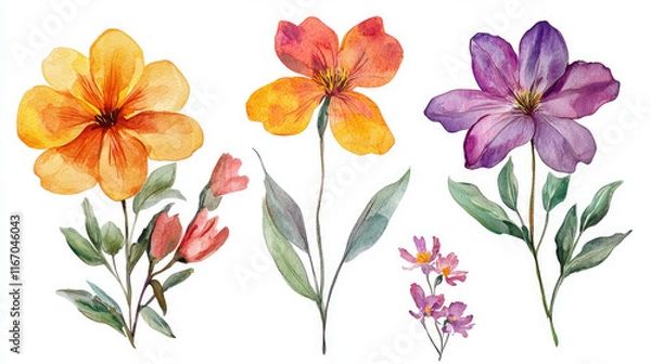 Obraz bouquet of colorful flowers with yellow, and purple, on white background