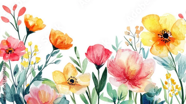 Fototapeta spring flowers background, on white background, with red, yellow and white color