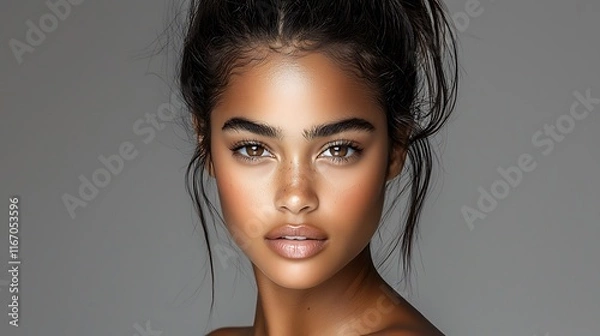 Fototapeta Close up fashion model luminous skin pearl finish dewy complexion neutral tones minimalist aesthetic studio lighting professional capture highly detailed Ultra-Realistic Photo Realistic 