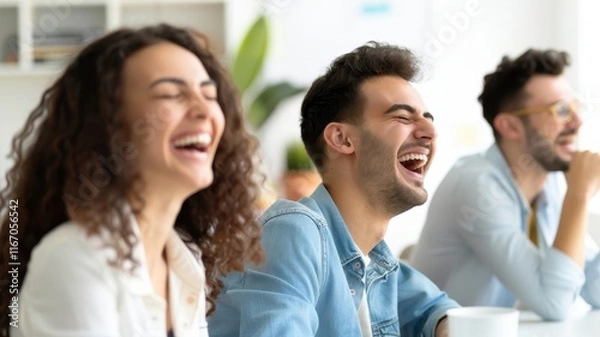 Fototapeta A joyful group laughing together in a bright, modern setting, showcasing happiness and camaraderie.