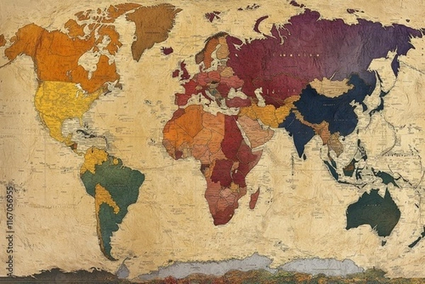 Obraz Antique world map, colorful, textured, political borders.