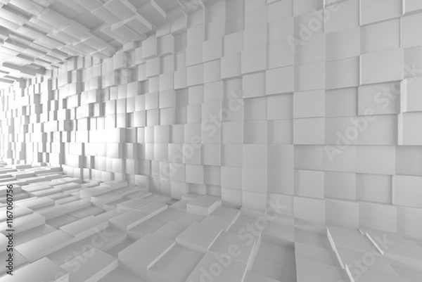 Fototapeta Abstract geometric 3d interior with white cubes and depth perspective. 3d render.
