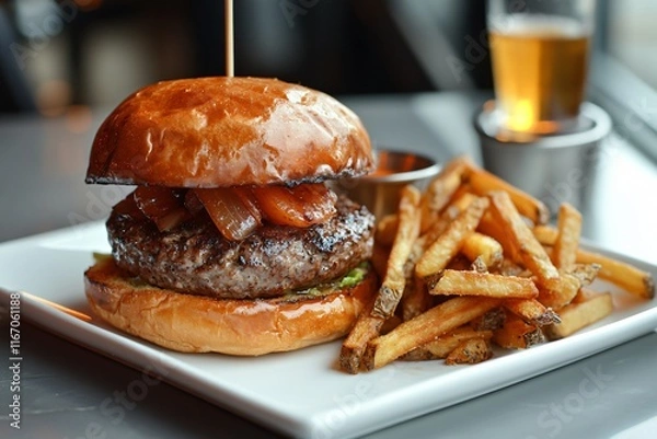 Fototapeta Juicy burger on plate with crispy fries and cold beer beverage