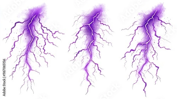 Fototapeta Lightnings, purple thunderbolt strikes at night, Electric impact effects, thunderstorm sparking discharges isolated on white background, vector realistic illustration