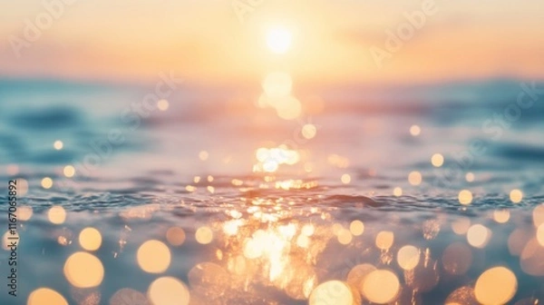 Fototapeta Golden sun descends towards the horizon, reflected on rippling waves, creating a serene atmosphere filled with sparkling lights