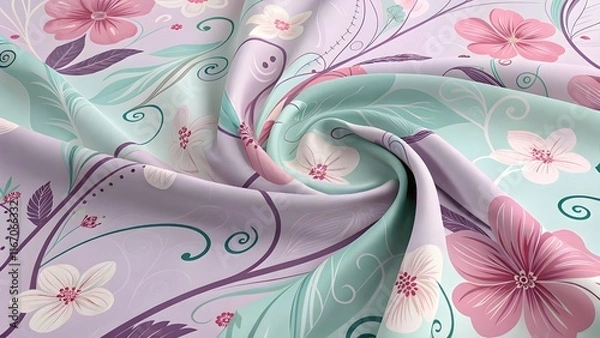 Obraz A soft, flowing fabric with a delicate floral pattern in shades of pink, purple, and green.