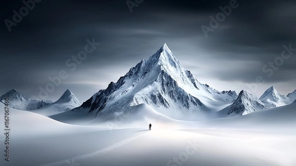 Fototapeta Dramatic mountain range beneath moody gray clouds, pristine snow-covered slopes, cinematic wide angle with perfect rule of thirds composition Ultra-Realistic, Photo Realistic, highly detailed, 