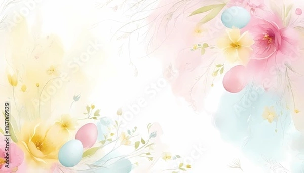 Fototapeta Pastel watercolor abstract design with touches of blooming flowers and Easter eggs, blending soft pinks, yellows, and blues
