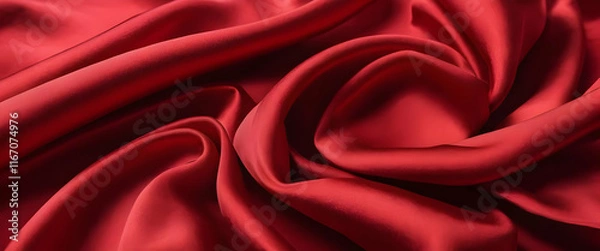 Fototapeta Closeup of rich red satin fabric. Deep folds and soft curves showcase the luxurious texture and glossy sheen of the material.