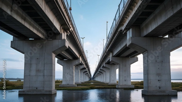 Obraz A long concrete bridge stretches across a calm river under a clear sky. The image shows the bridges pillars, architecture, and infrastructure details. The perspective is from below the bridge.