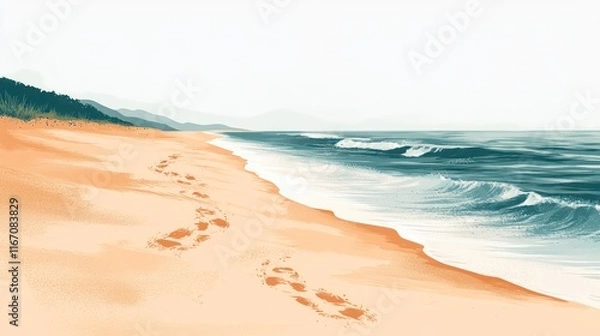 Fototapeta Footprints in sand on a tranquil beach with ocean waves and distant hills.