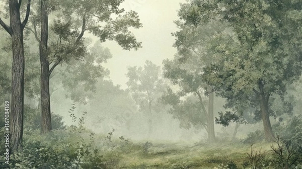 Fototapeta A serene forest scene shrouded in mist, evoking tranquility and nature.