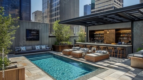 Fototapeta Rooftop hotel pool with a skyline view, modern lounge seating, and a bar area for guests to relax